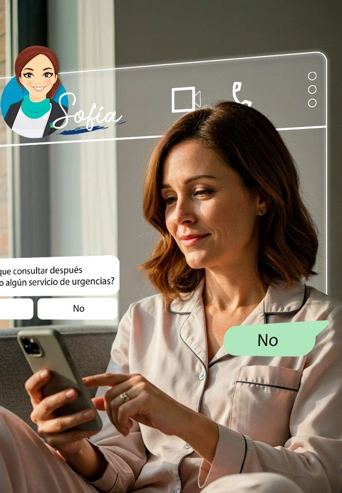 Paciente consulta al chatbot Sofía de Visionía desde su celular para seguimiento y apoyo tras el egreso.